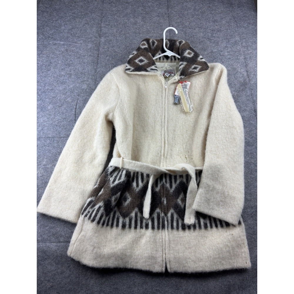 VTG Seven Oaks Pure Virgin Wool Zip Up Belted Cardigan Sweater Coat Cream M SEE